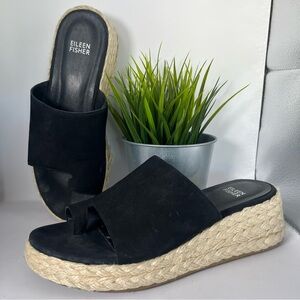Eileen Fisher Tarry Espadrille Wedge Slides Black Leather and‎ Jute Size 8.5